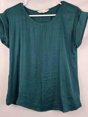 Nine West Green Crew Neck Rolled Short Sleeve Blouse, XS